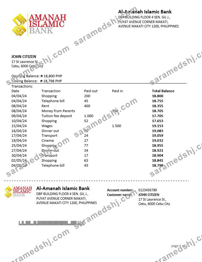 Philippines Al Amanah Islamic Investment Bank Statement